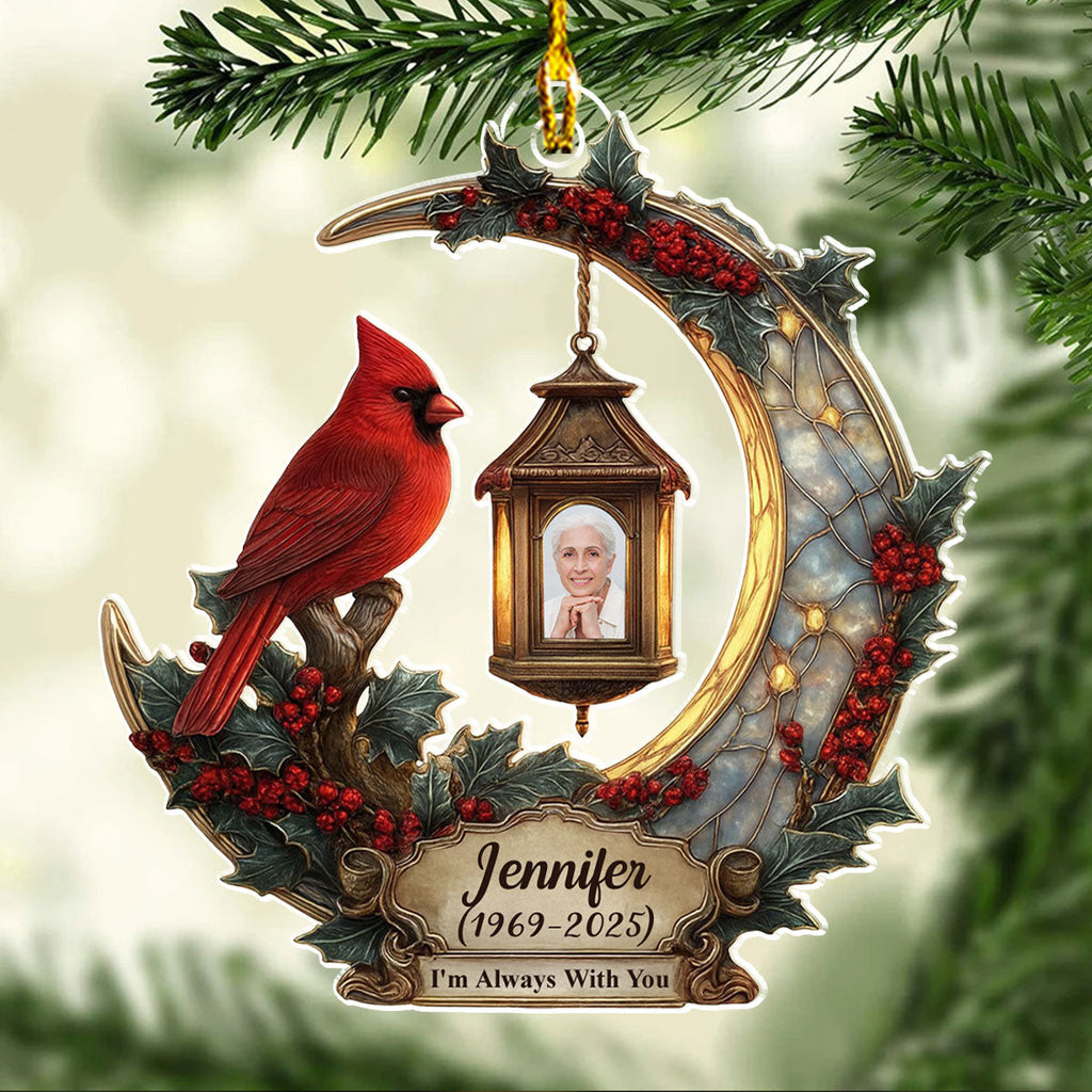 Custom Photo Memorial Christmas Ornament, Sympathy Keepsake • In Loving Memory Cardinal Lantern - Personalized Acrylic Ornament