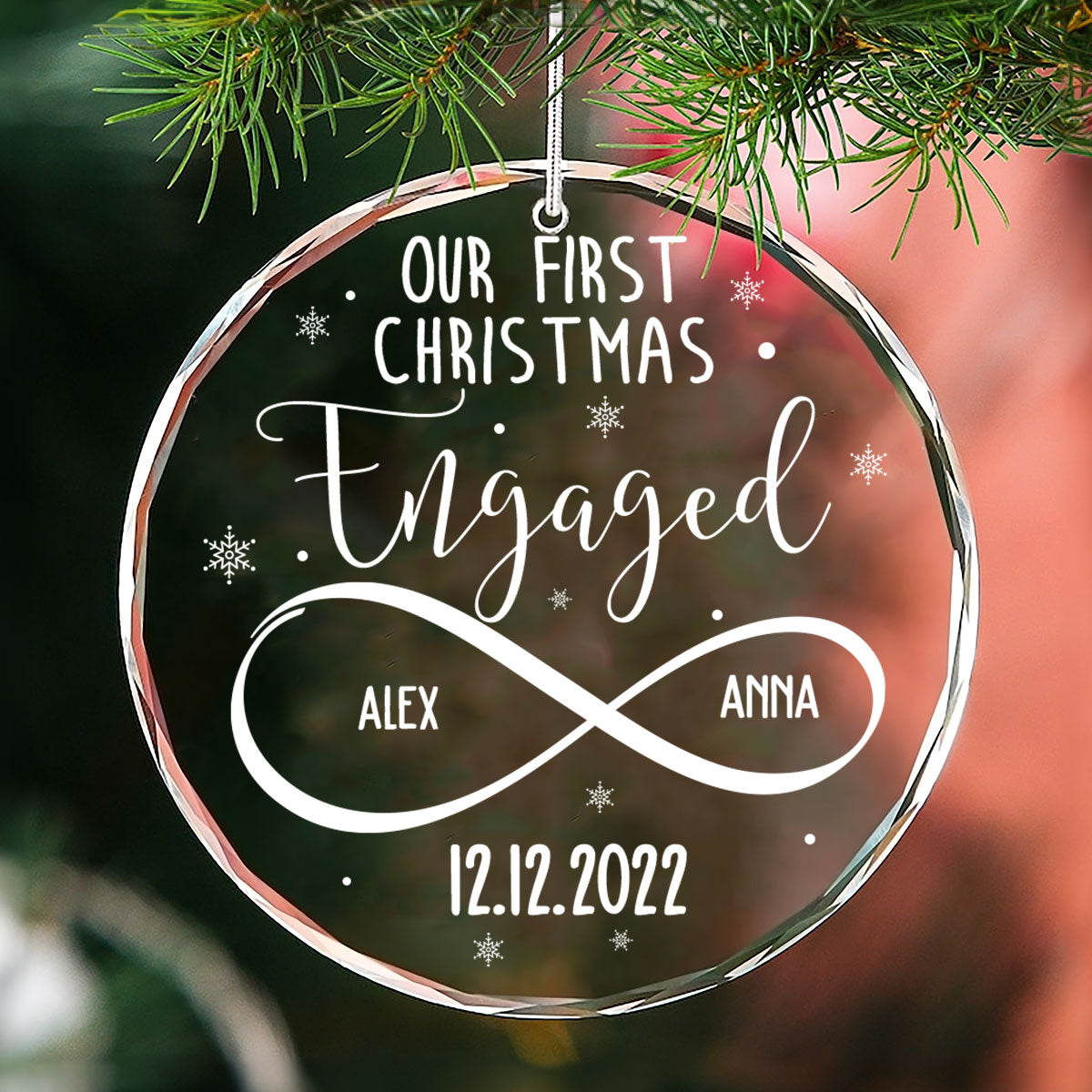 Custom First Christmas Ornament Married, Gift for Newlyweds •  First Christmas Engaged - Personalized Glass Ornament