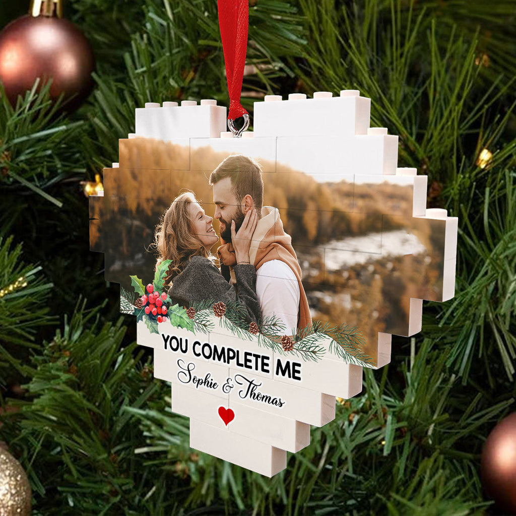 Custom Photo Couple Christmas Ornament, Anniversary Gift • You Complete Me - Personalized Heart Puzzle Ornament