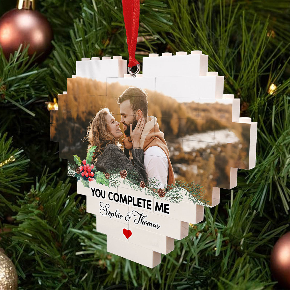 Custom Photo Couple Christmas Ornament, Anniversary Gift • You Complete Me - Personalized Heart Puzzle Ornament