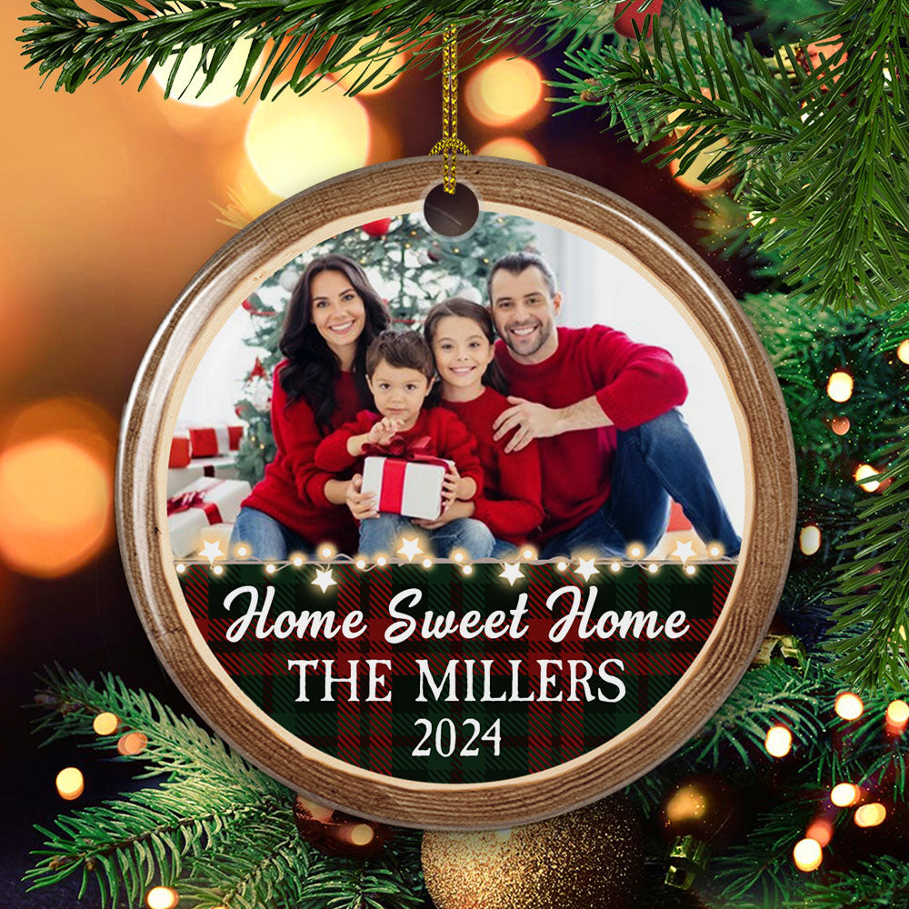 Custom Photo Family Ornament, Christmas Gift for Family Members • Home Sweet Home - Personalized Circle Ceramic Christmas Ornament
