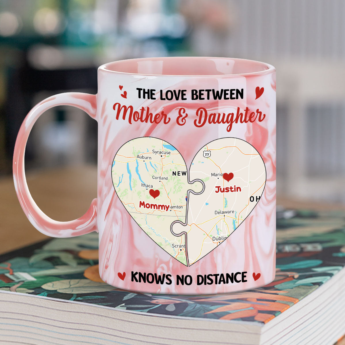 Custom Mother's Day Gift for Mom & Grandma • Mother And Daughter No Distance - Personalized Pink Marble Mug