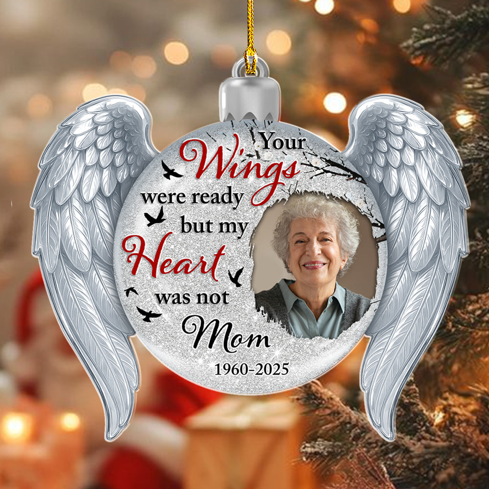 Custom Photo Memorial Christmas Ornament, Sympathy Keepsake • Your Wings - Personalized Acrylic Ornament