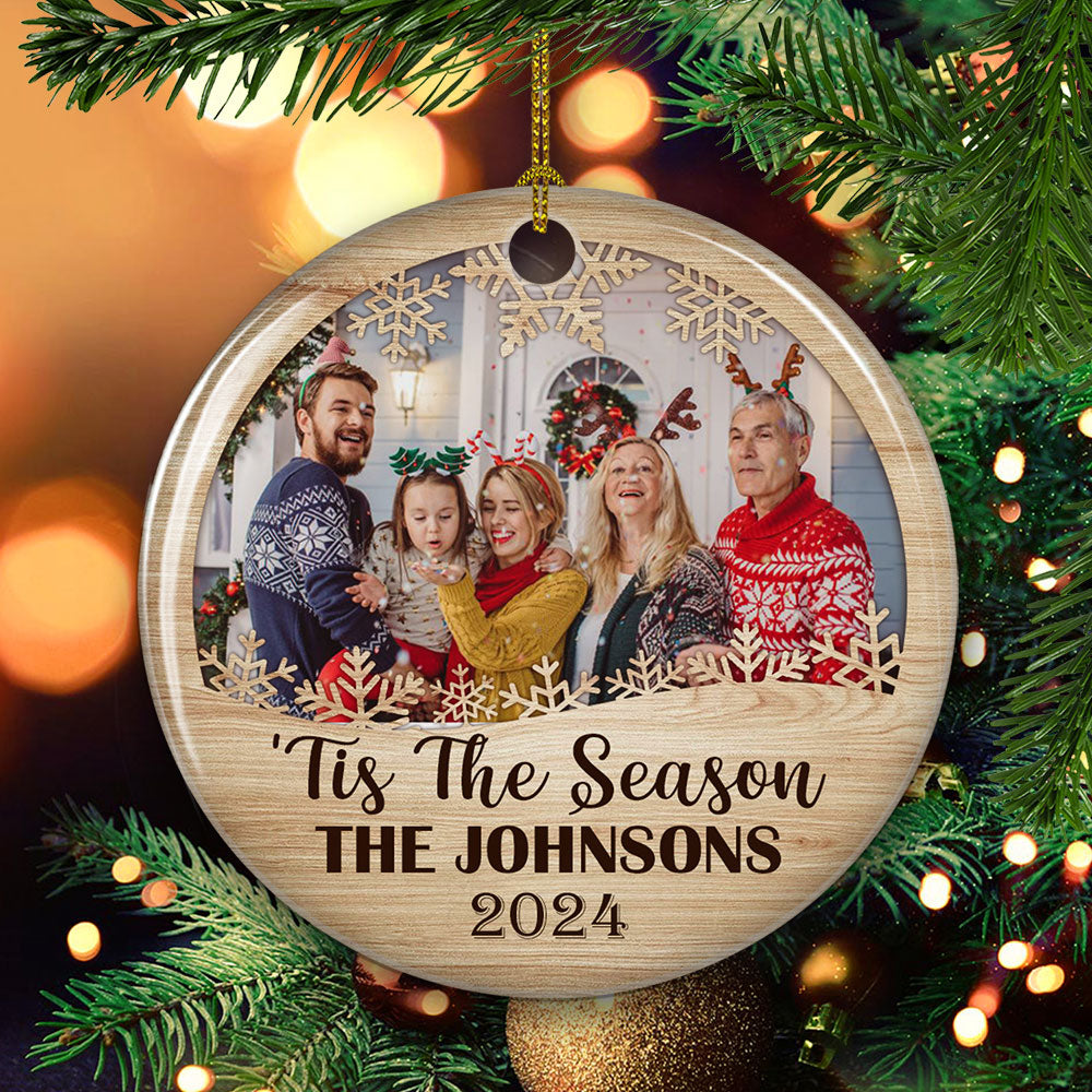 Custom Photo Family Ornament, Christmas Gift for Family Members • Family, Tis The Season - Personalized Circle Ceramic Ornament