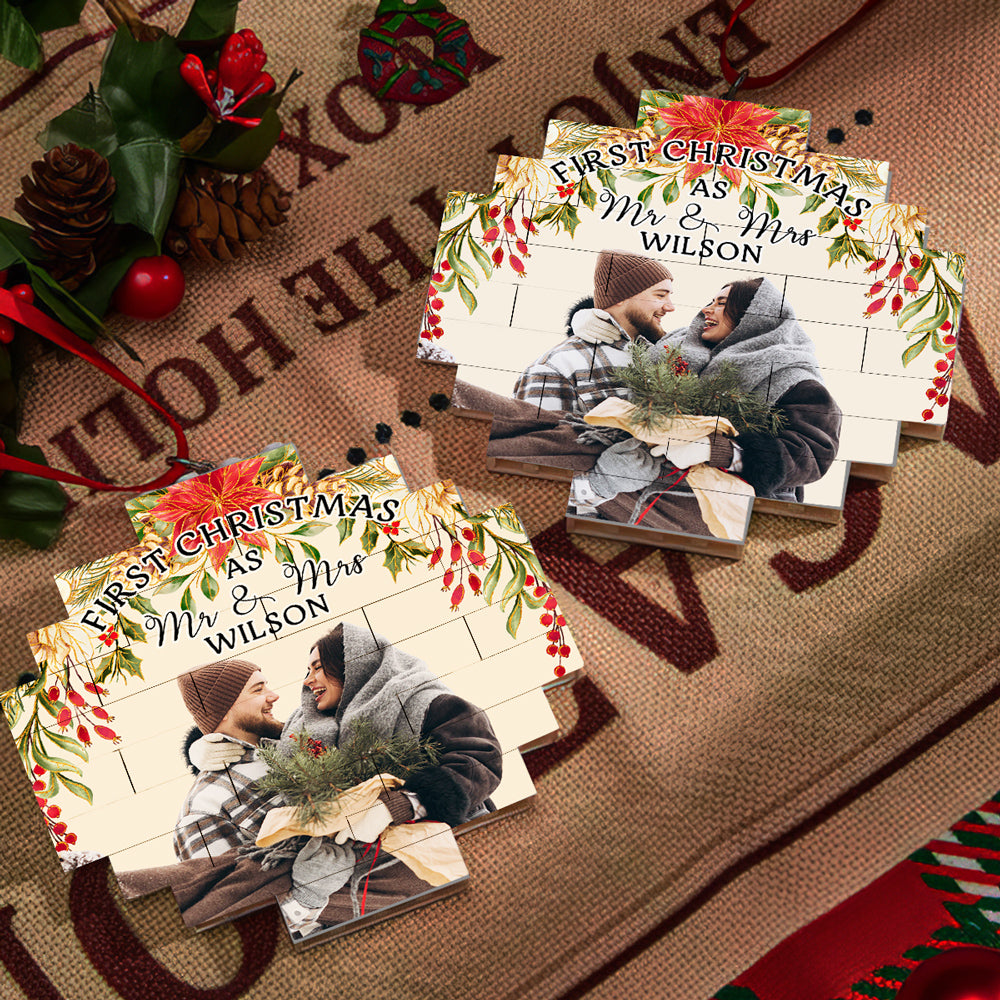 Custom Photo First Christmas Ornament Married, Gift for Newlyweds • First Christmas - Personalized Puzzle Ornament