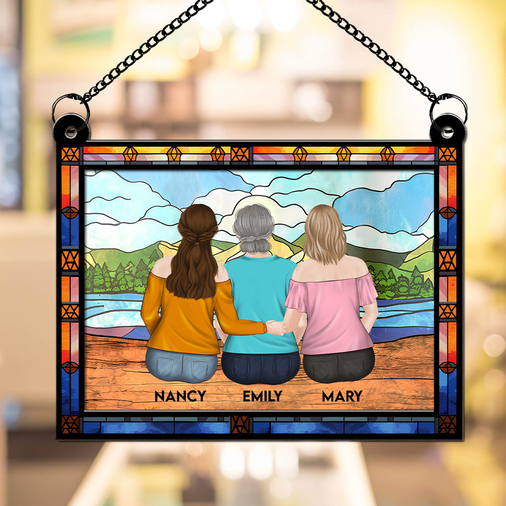 Custom Hanging Decor for Mom Daughter, Mother's Day Birthday Gifts • Mom And Children Sitting On The Beach - Personalized Suncatcher