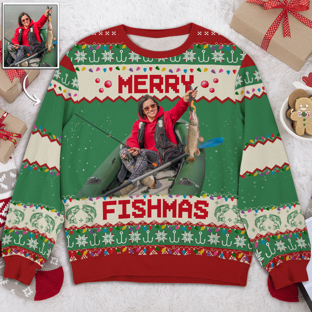 Custom Photo Couple Christmas Sweatshirt, Anniversary Gift • Merry Fishmas - Personalized All-Over-Print Sweatshirt
