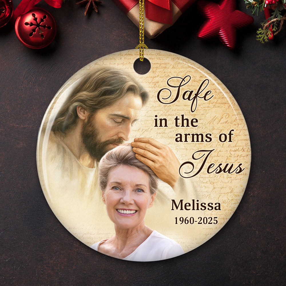 Custom Photo Memorial Christmas Ornament, Sympathy Keepsake • Safe In His Arms - Personalized Ceramic Ornament