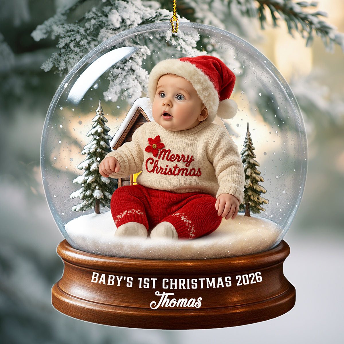 Custom Photo Baby Christmas Ornament for New Parents • Baby Christmas With Santa Suit - Personalized Acrylic Ornament