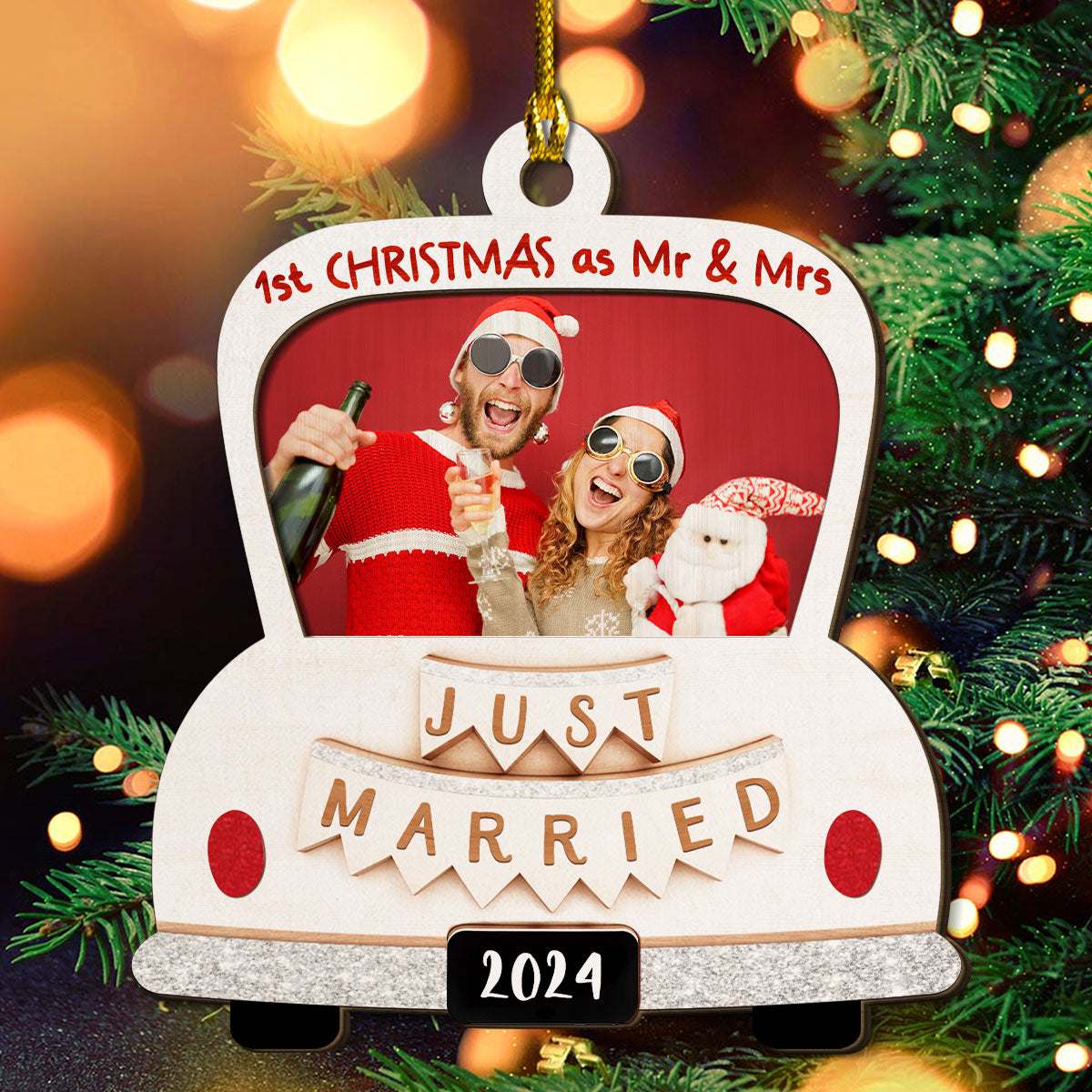 Custom Photo First Christmas Ornament Married, Gift for Newlyweds • First Christmas With You - Personalized 2-layered Wood Ornament