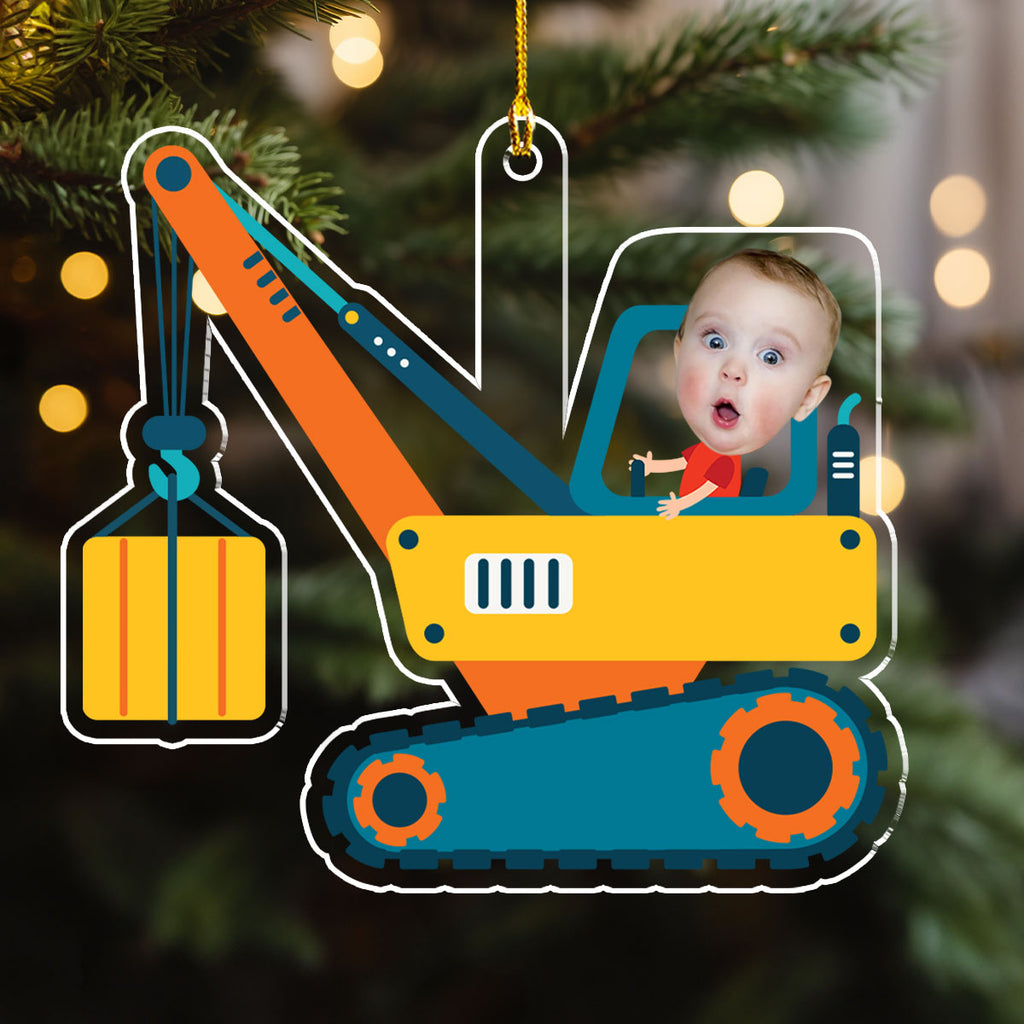Custom Photo Family Ornament, Christmas Gift for Family Members • Christmas Boy Riding Construction Vehicle - Personalized Acrylic Ornament
