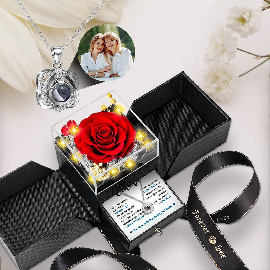 Love You To The Moon And Back - Personalized Preserved Rose With Projection Necklace