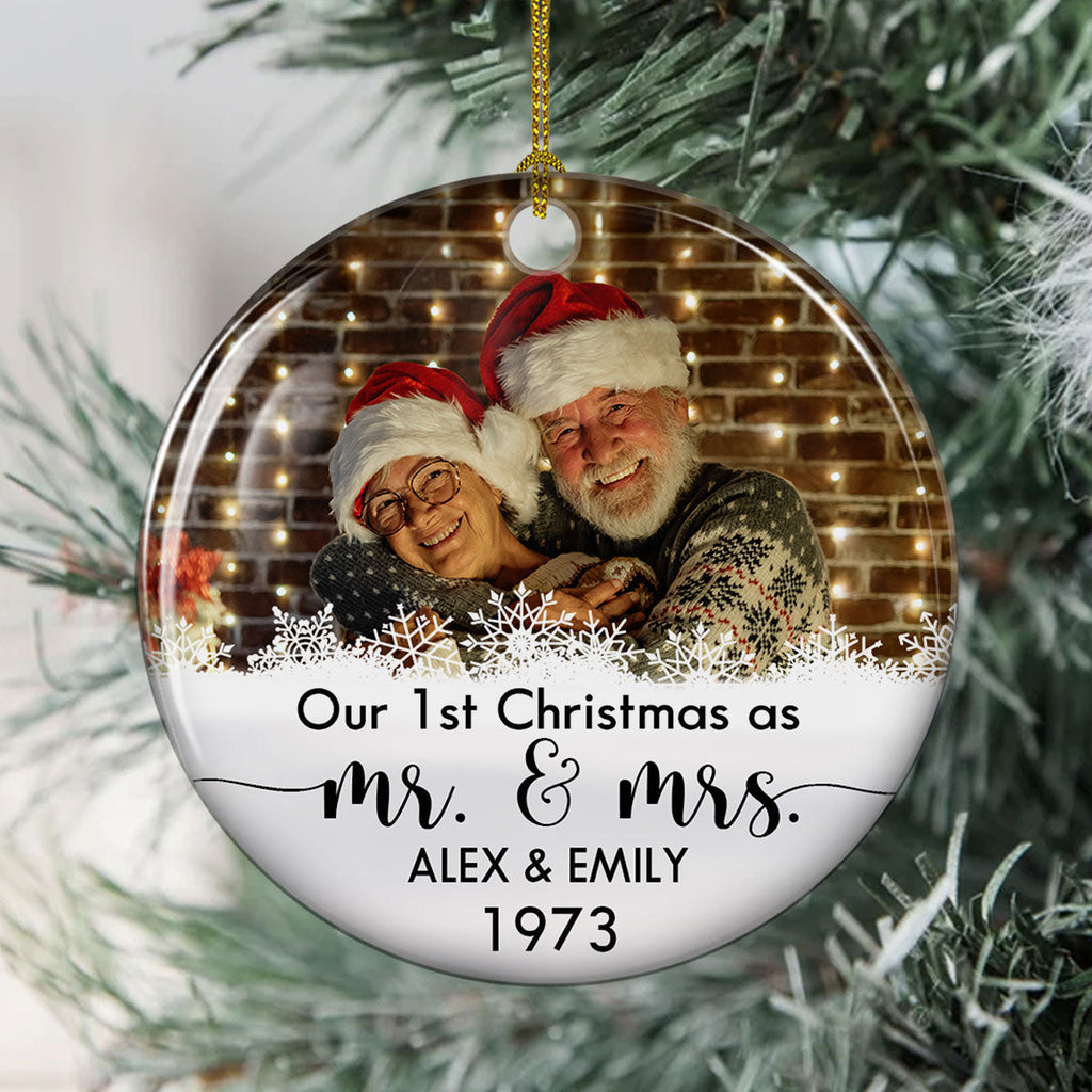 Custom Photo Couple Christmas Ornament, Anniversary Gift • Our 1st Christmas - Personalized Circle Ceramic Christmas Ornament