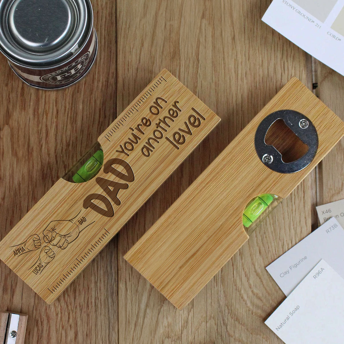 Papa Fist Bump - Personalized Engraved Wooden Spirit Level Bottle Opener