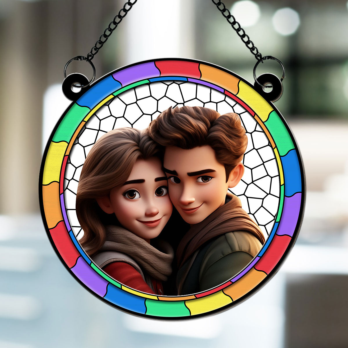Custom Photo Couple Hanging Decor, Anniversary Valentine's Day Gifts • Cartoon There Is Love - Personalized Suncatcher