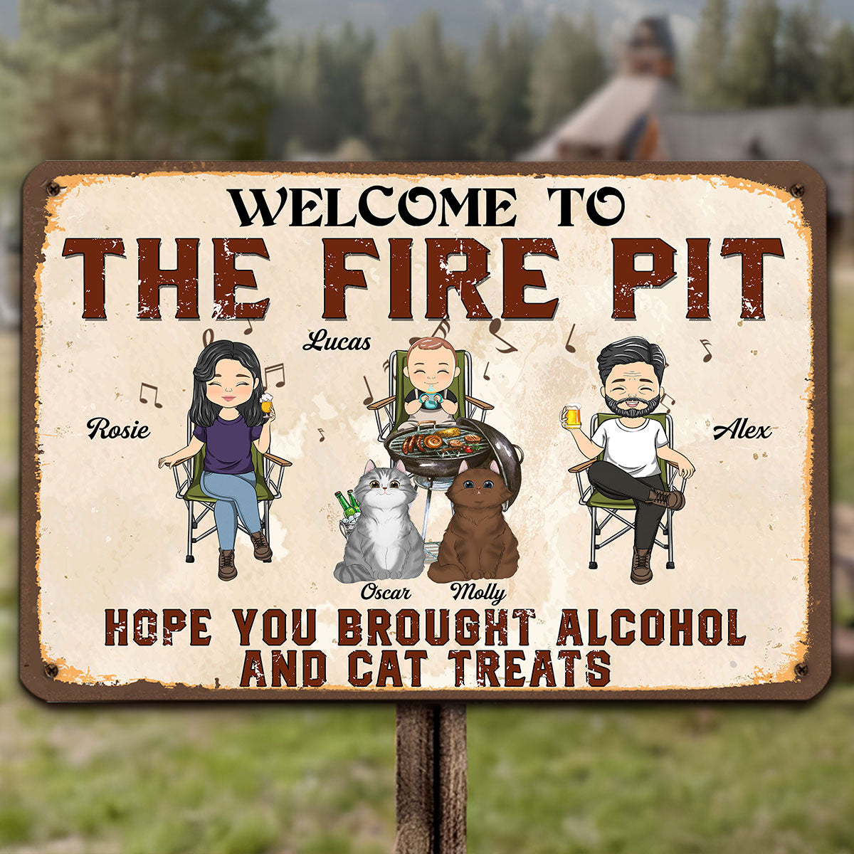 Custom Family Campground Sign, Campsite Outdoor Wall Decor • Our Shitshow Alcohol And Dog Treats - Personalized Metal Sign