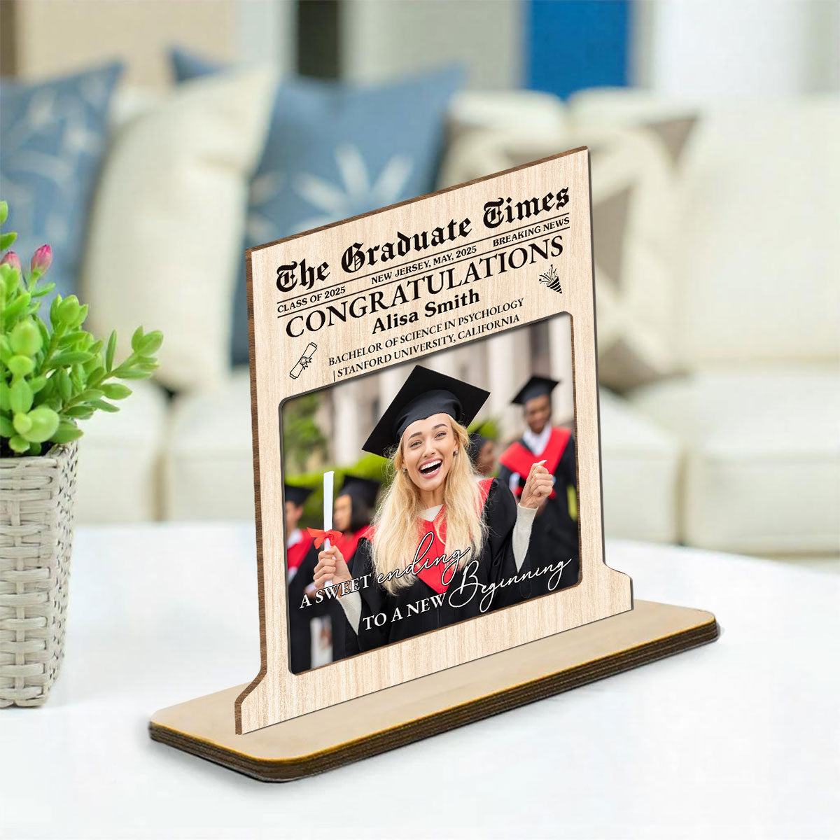Custom Decor, Christmas Birthday Anniversary Gift Keepsake • The Graduate Times - Personalized 2-Layer Wood Plaque With Flat Base