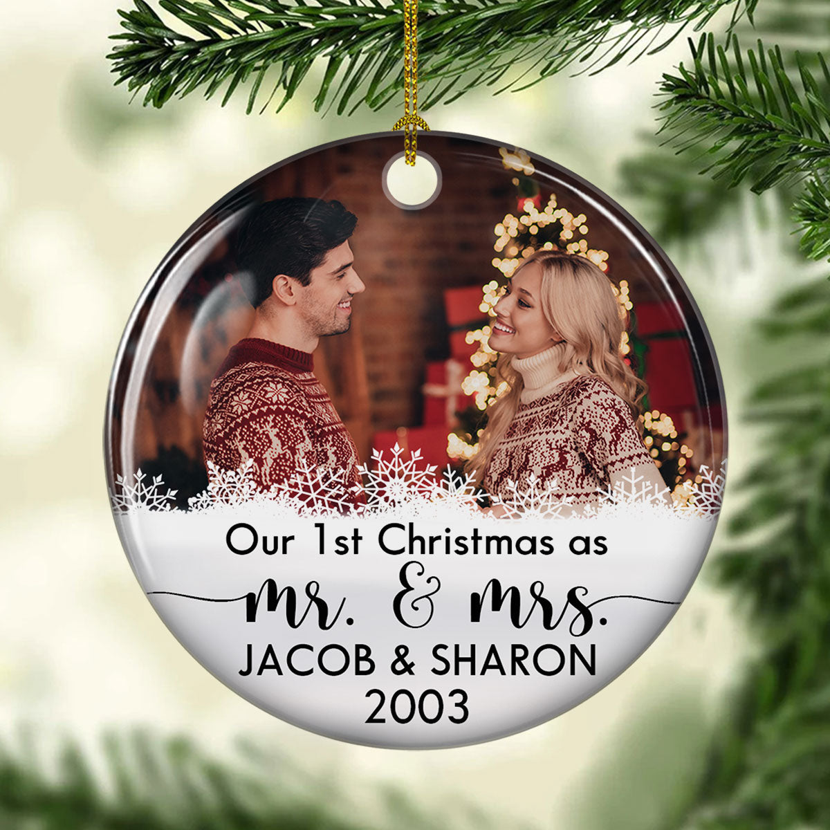 Custom Photo Couple Christmas Ornament, Anniversary Gift • Our 1st Christmas - Personalized Circle Ceramic Christmas Ornament