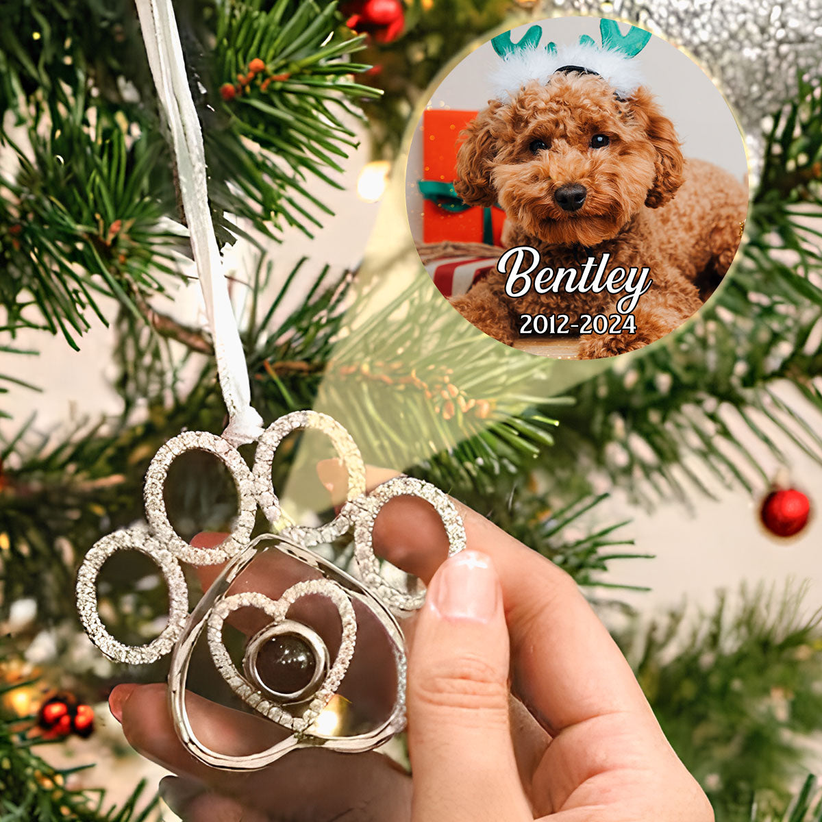 Custom Photo Keepsake Christmas Ornament • You Left Your Paw Prints On My Heart - Personalized Photo Pet Paw Projection Ornament