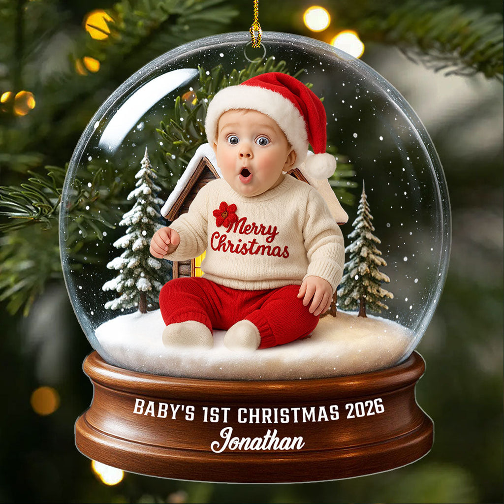 Custom Photo Baby Christmas Ornament for New Parents • Baby Christmas With Santa Suit - Personalized Acrylic Ornament
