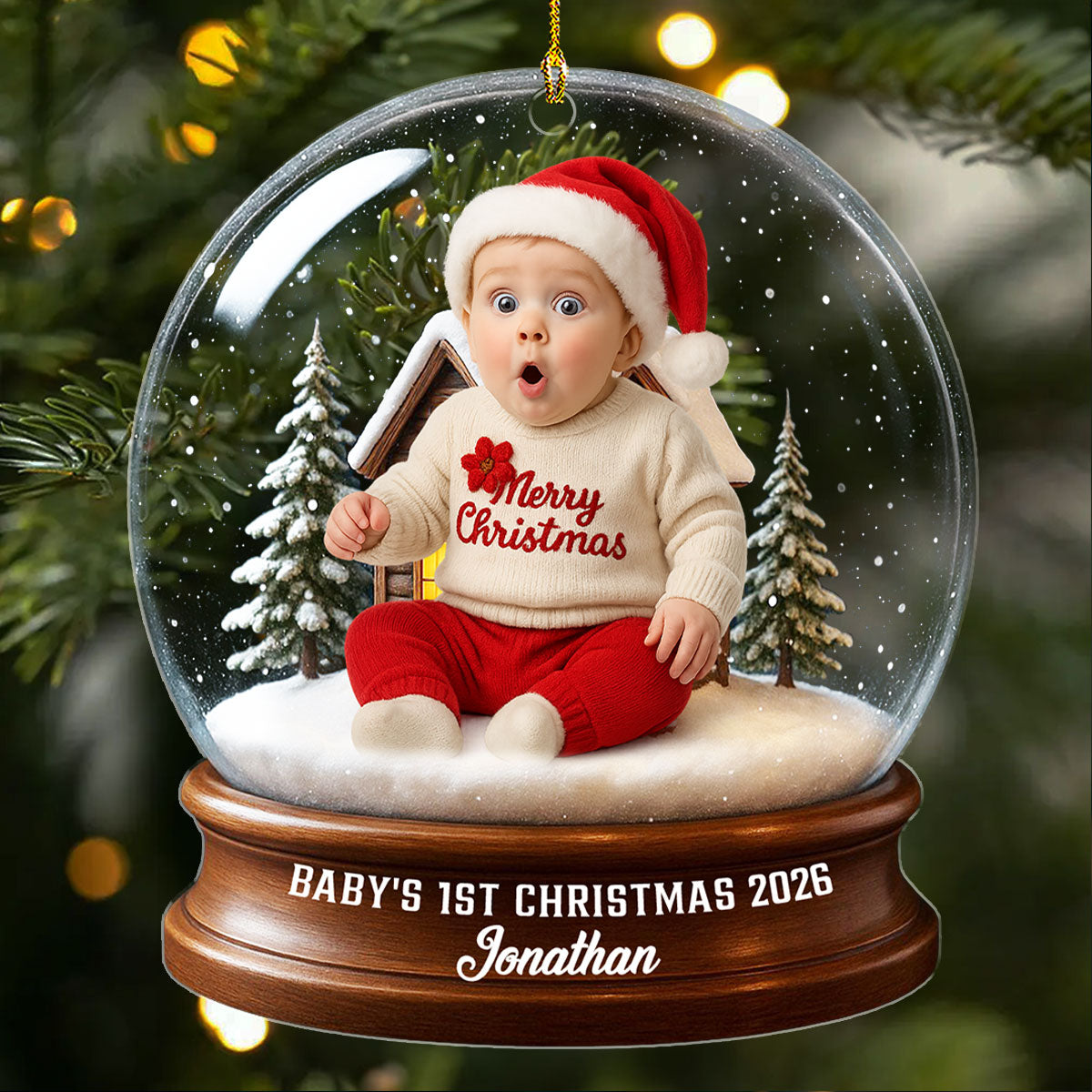 Custom Photo Baby Christmas Ornament for New Parents • Baby Christmas With Santa Suit - Personalized Acrylic Ornament