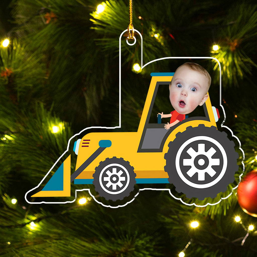 Custom Photo Family Ornament, Christmas Gift for Family Members • Christmas Boy Riding Construction Vehicle - Personalized Acrylic Ornament