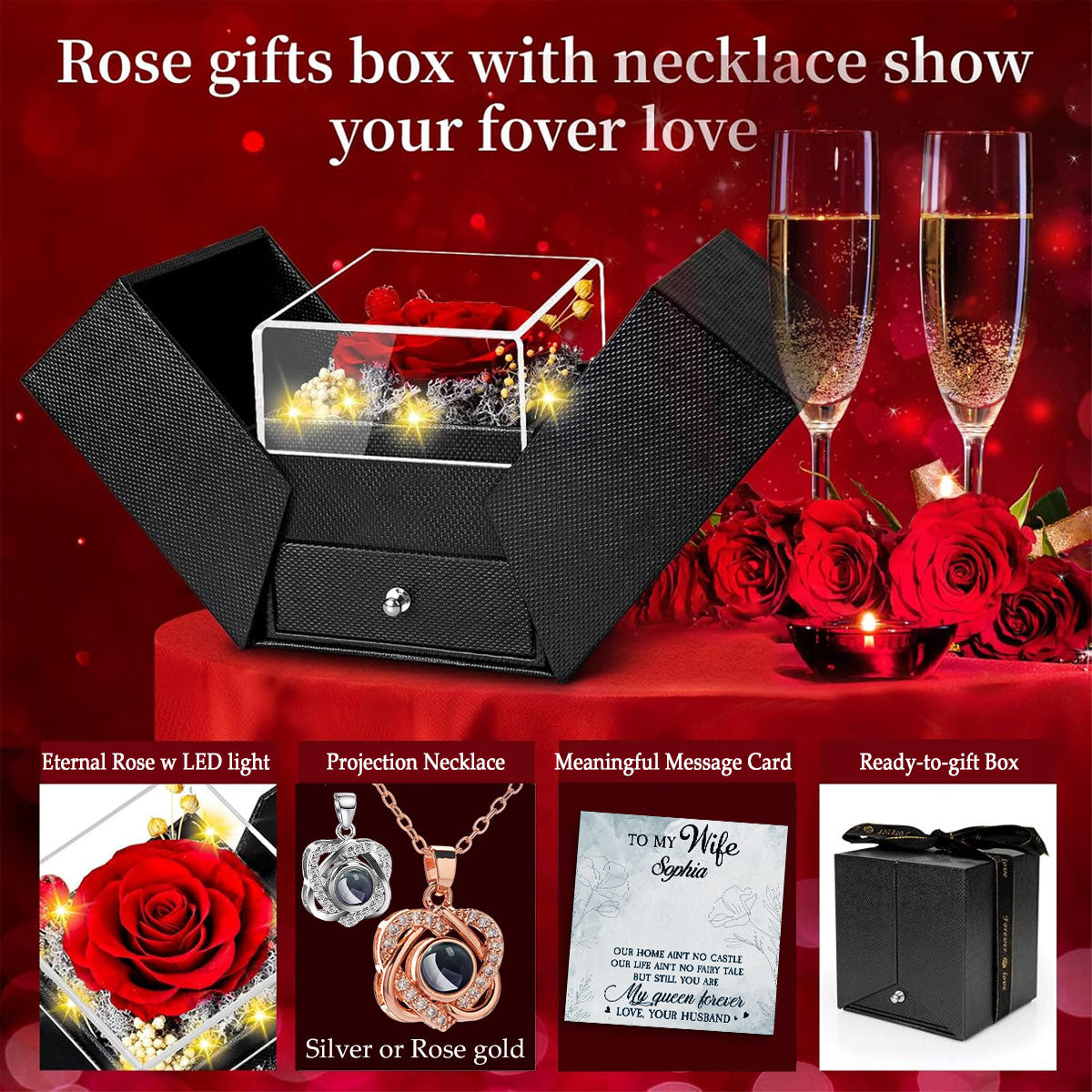 My Queen Forever - Personalized Preserved Rose With Projection Necklace