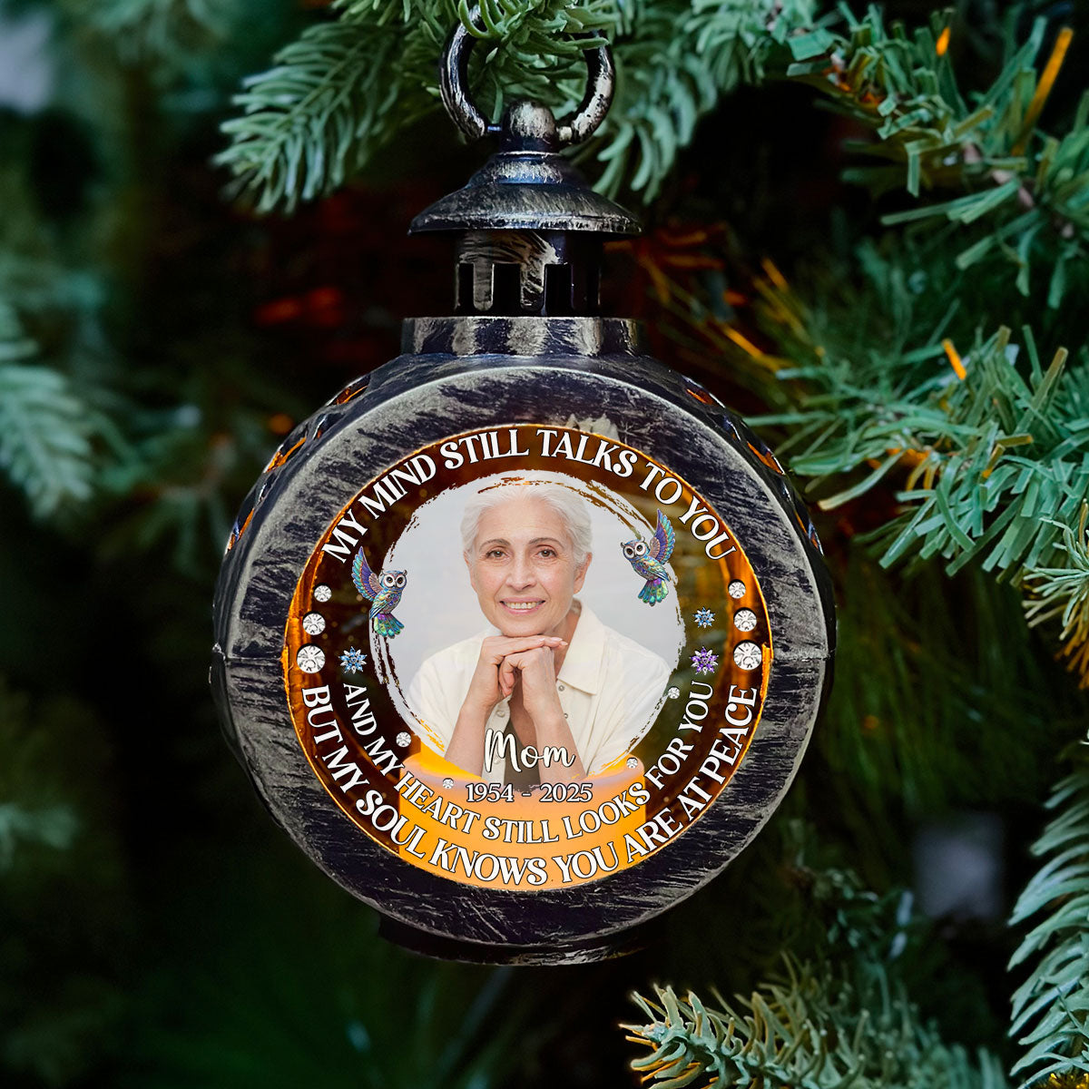 Custom Photo Memorial Christmas Night Light, Remembrance Gifts • My Mind Still Talks To You - Personalized Christmas Lantern
