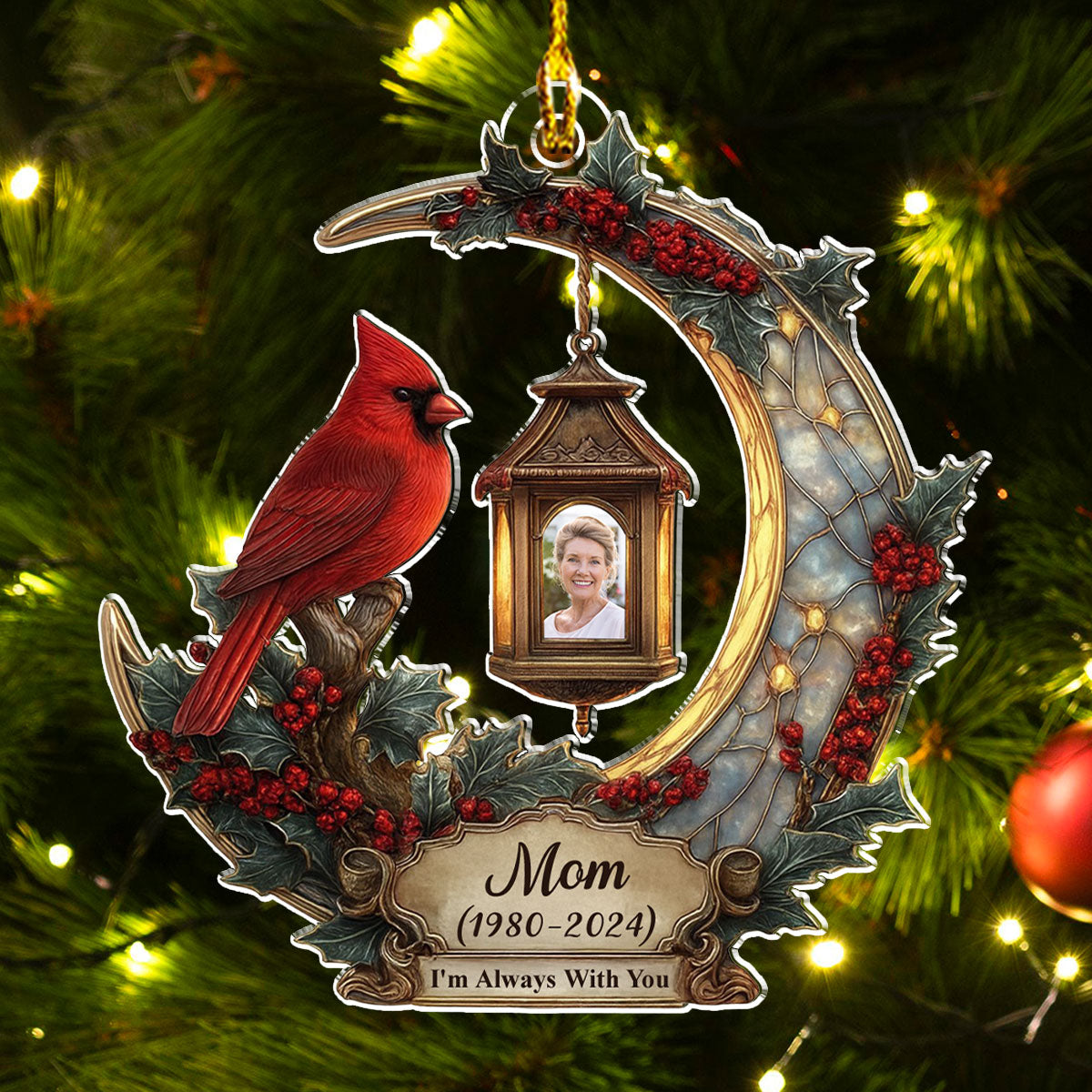 Custom Photo Memorial Christmas Ornament, Sympathy Keepsake • In Loving Memory Cardinal Lantern - Personalized Acrylic Ornament
