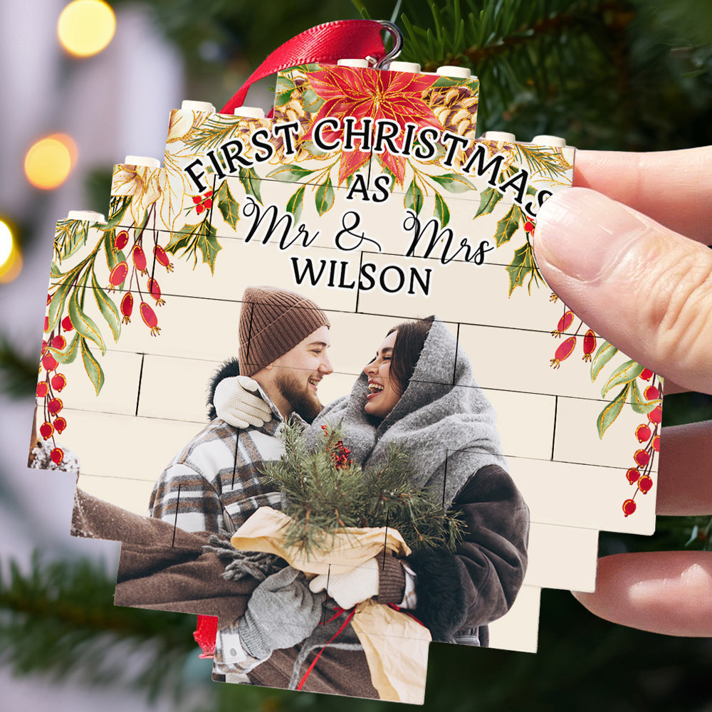 Custom Photo First Christmas Ornament Married, Gift for Newlyweds • First Christmas - Personalized Puzzle Ornament