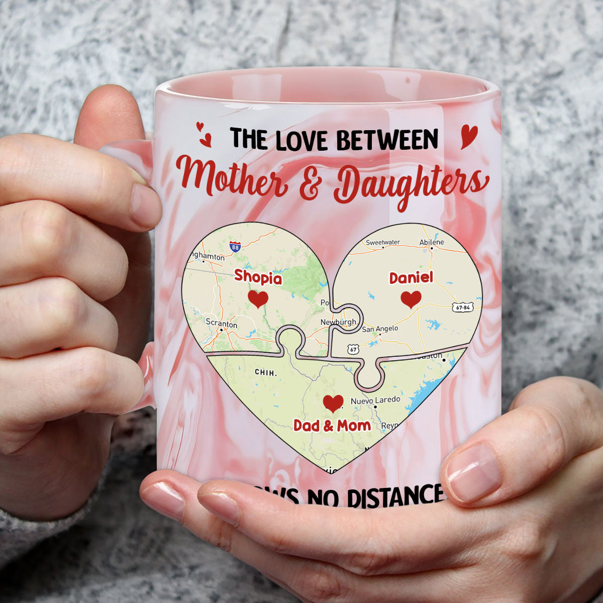 Custom Mother's Day Gift for Mom & Grandma • Mother And Daughter No Distance - Personalized Pink Marble Mug