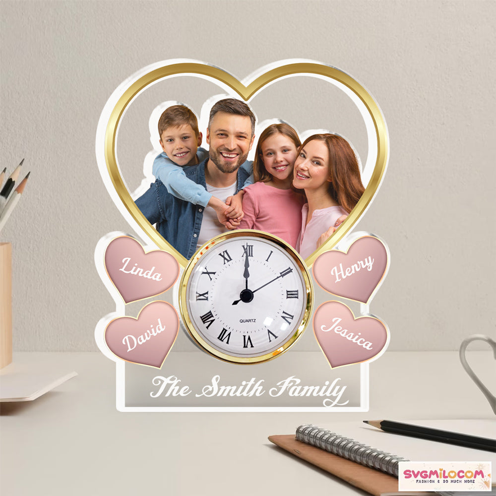 Custom Couple's Decor, Anniversary & Wedding Gift • Heart Family Photo - Personalized Acrylic Desk Clock Plaque