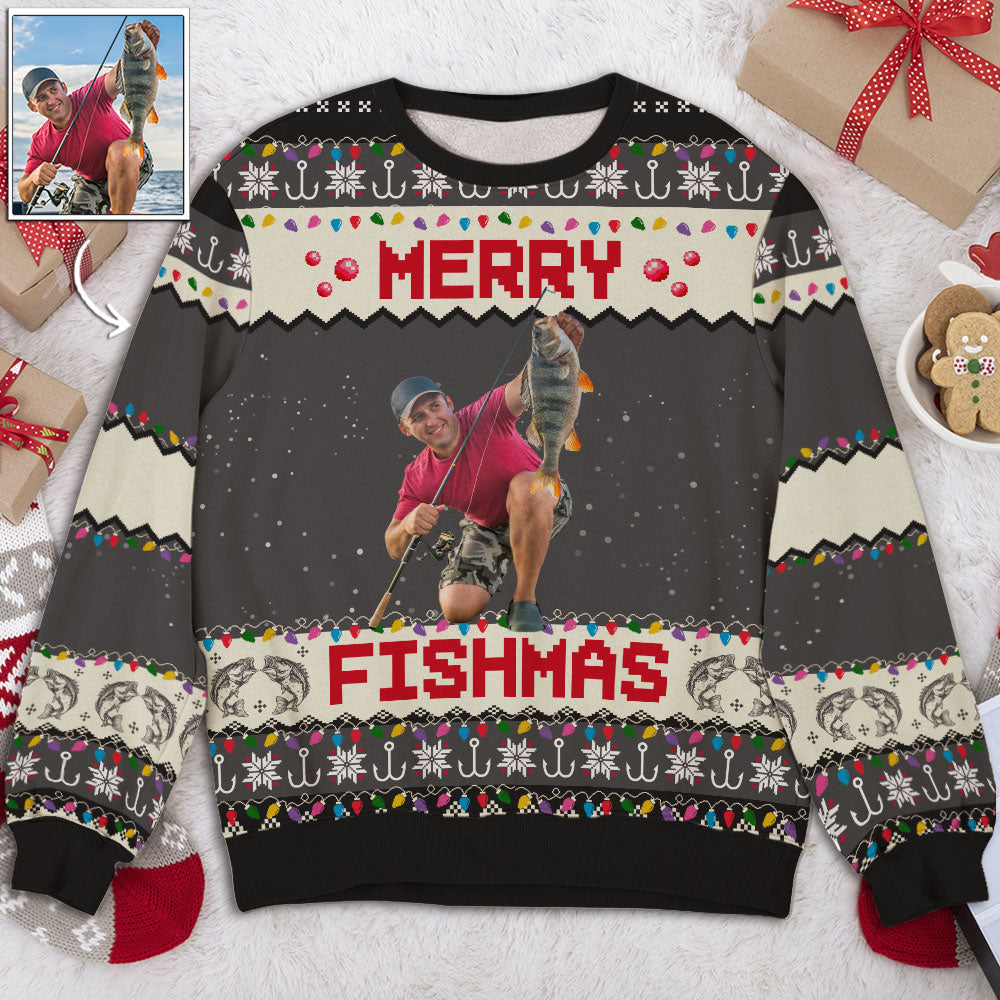 Custom Photo Couple Christmas Sweatshirt, Anniversary Gift • Merry Fishmas - Personalized All-Over-Print Sweatshirt