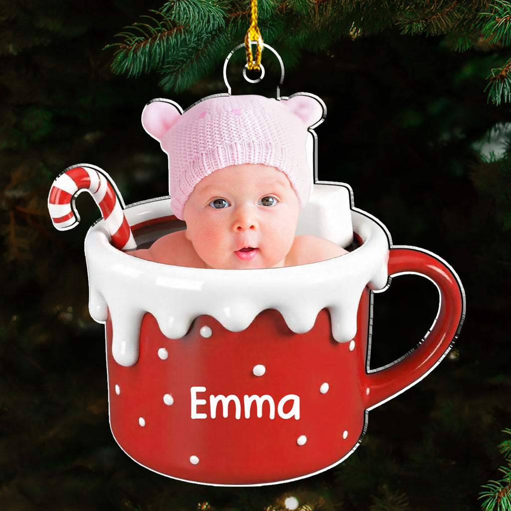 Custom Photo Baby Christmas Ornament for New Parents • Baby In Hot Cocoa - Personalized Acrylic Ornament
