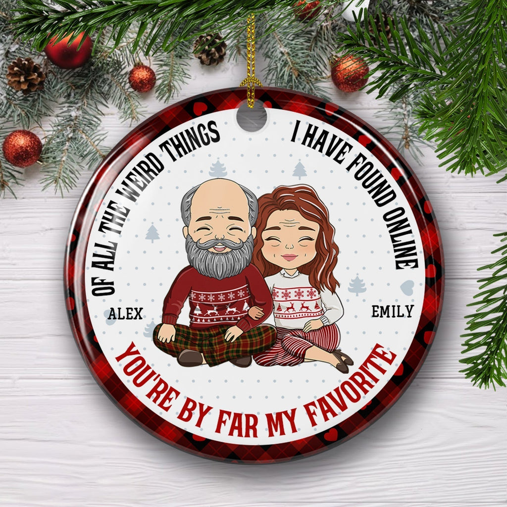 Custom Couple Christmas Ornament, Anniversary Gift •  My Favorite By Far - Personalized Circle Ceramic Christmas Ornament
