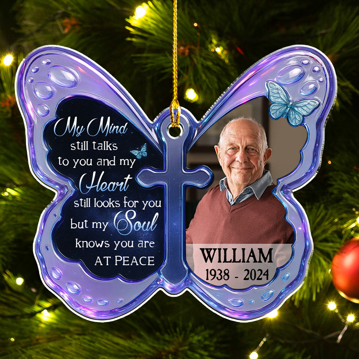 Custom Photo Memorial Christmas Ornament, Sympathy Keepsake • At Peace - Personalized Acrylic Ornament