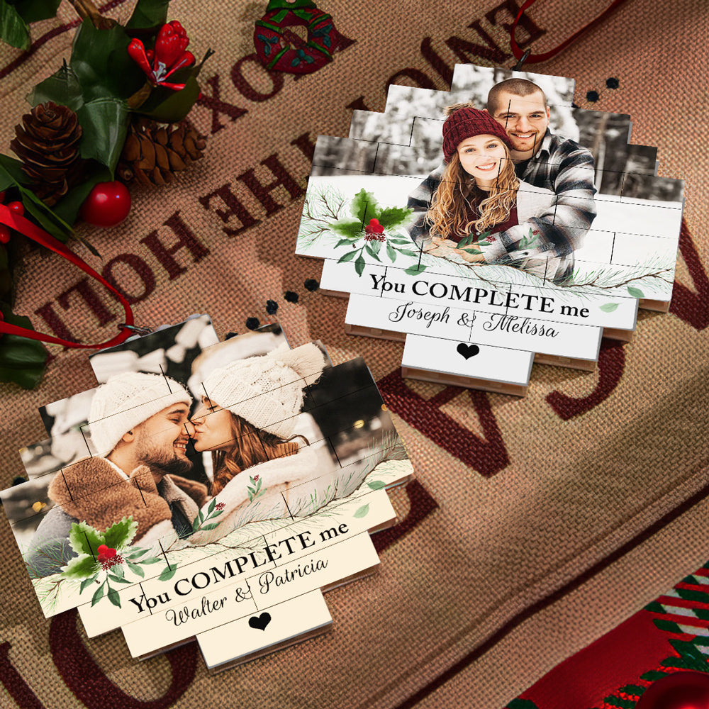 Custom Photo Couple Christmas Ornament, Anniversary Gift • You Complete Me - Personalized Puzzle Ornament