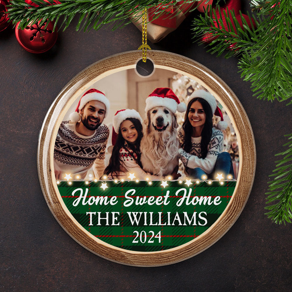 Custom Photo Family Ornament, Christmas Gift for Family Members • Home Sweet Home - Personalized Circle Ceramic Christmas Ornament
