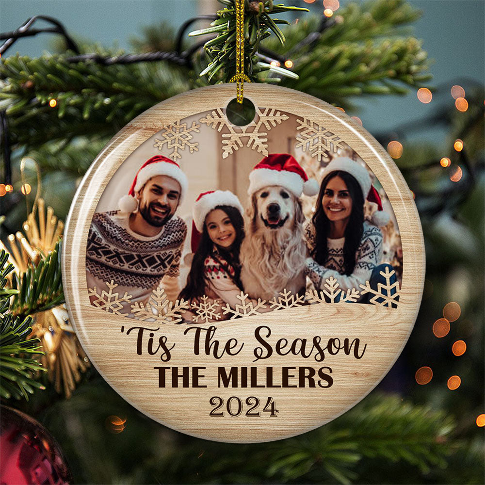 Custom Photo Family Ornament, Christmas Gift for Family Members • Family, Tis The Season - Personalized Circle Ceramic Ornament