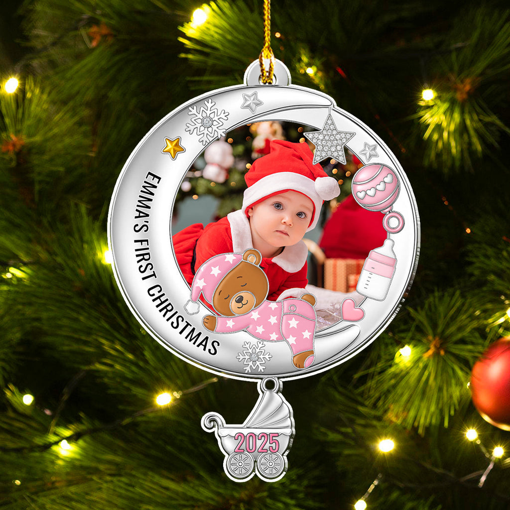 Custom Photo Baby First Christmas Ornament for New Parents • Cute Baby In The Moon Christmas - Personalized Acrylic Ornament