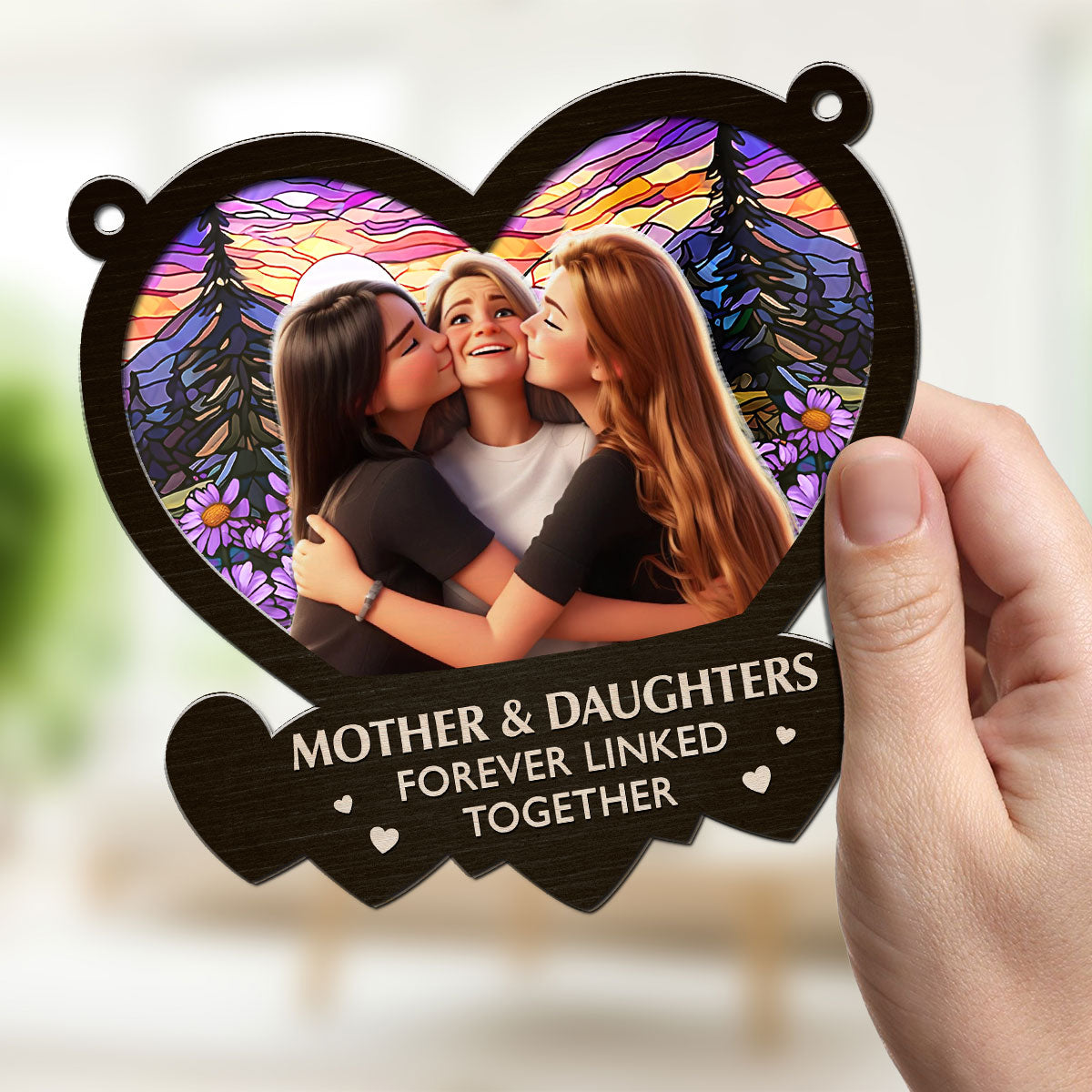 Custom Photo Hanging Decor for Mom Daughter, Mother's Day Birthday Gifts • The Link Between Mother And Daughter Cartoon - Personalized Suncatcher