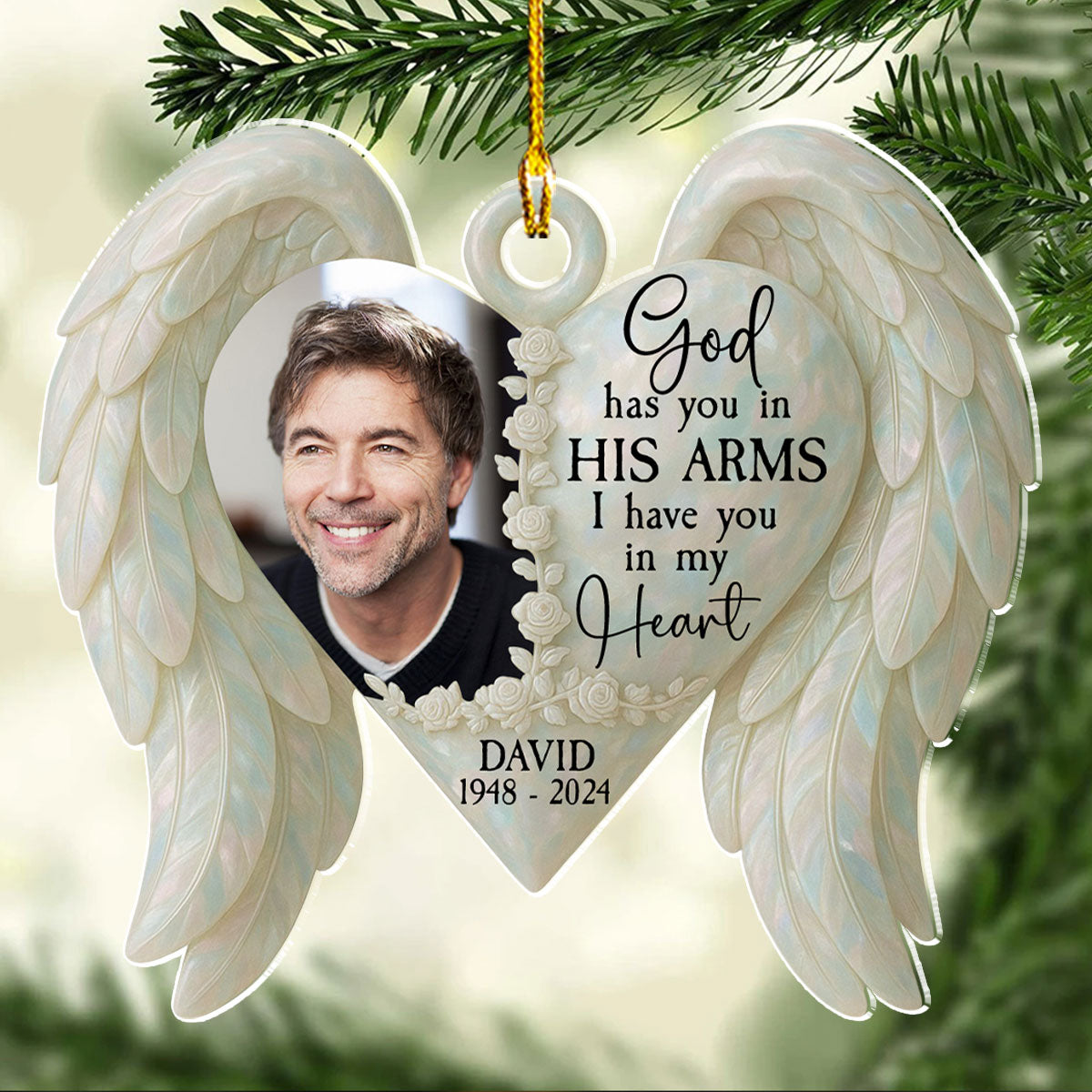 Custom Photo Memorial Christmas Ornament, Sympathy Keepsake • God Has You In His Arm - Personalized Acrylic Ornament