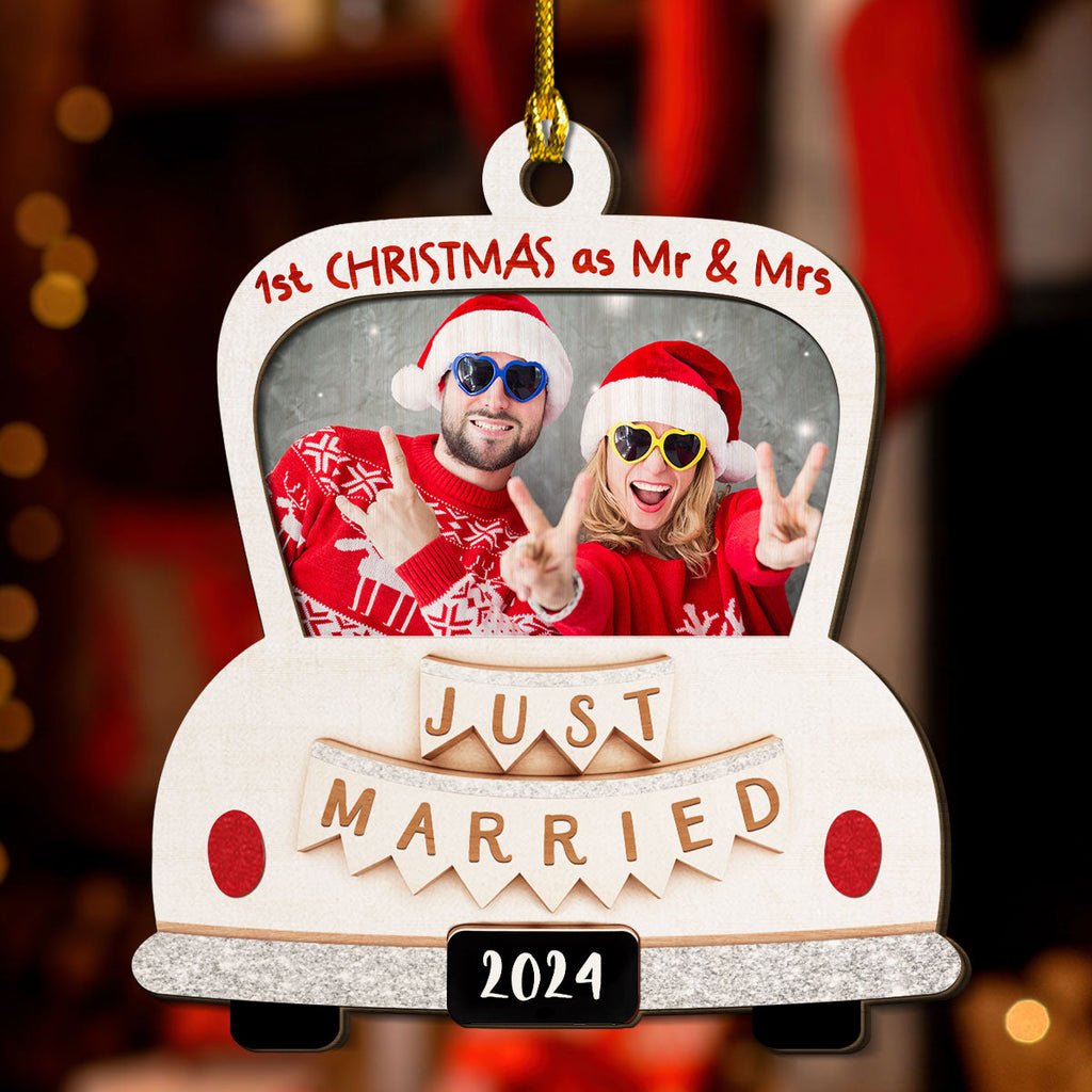 Custom Photo First Christmas Ornament Married, Gift for Newlyweds • First Christmas With You - Personalized 2-layered Wood Ornament