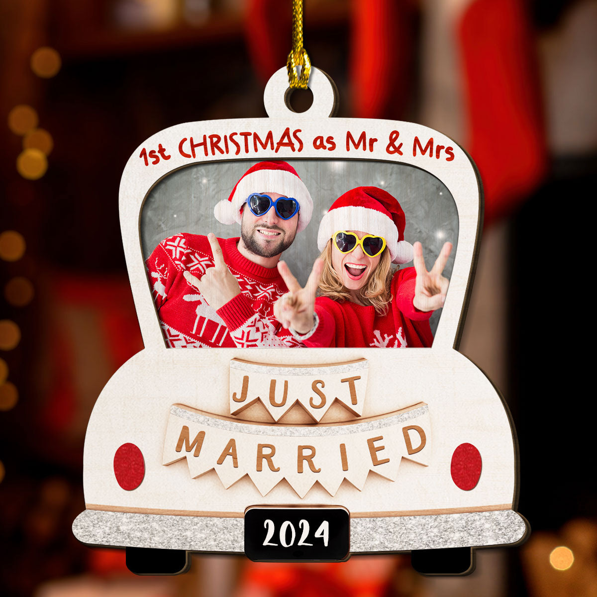 Custom Photo First Christmas Ornament Married, Gift for Newlyweds • First Christmas With You - Personalized 2-layered Wood Ornament