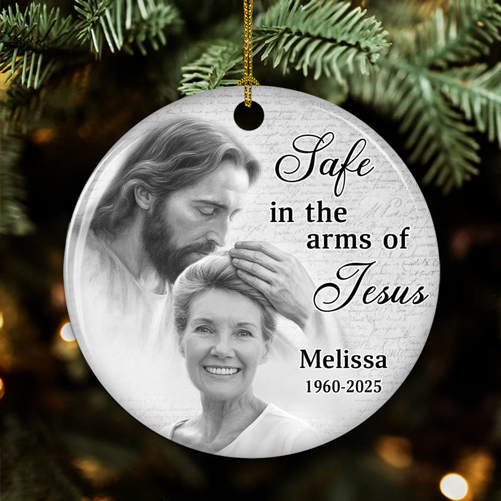 Custom Photo Memorial Christmas Ornament, Sympathy Keepsake • Safe In His Arms - Personalized Ceramic Ornament