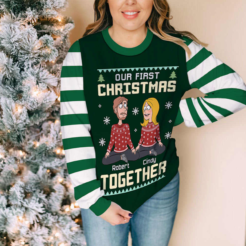 Custom Couple Christmas Sweatshirt, Anniversary Gift • Our First Christmas - Personalized All-Over-Print Sweatshirt