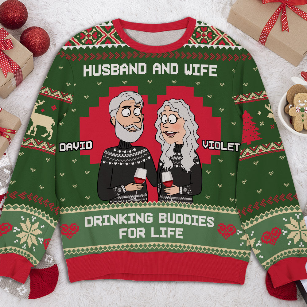 Custom Couple Christmas Sweatshirt, Anniversary Gift • Drink Buddies - Personalized All-Over-Print Sweatshirt