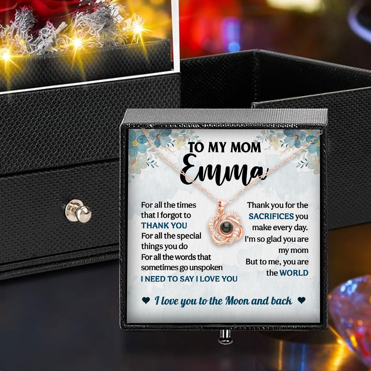 Love You To The Moon And Back - Personalized Preserved Rose With Projection Necklace