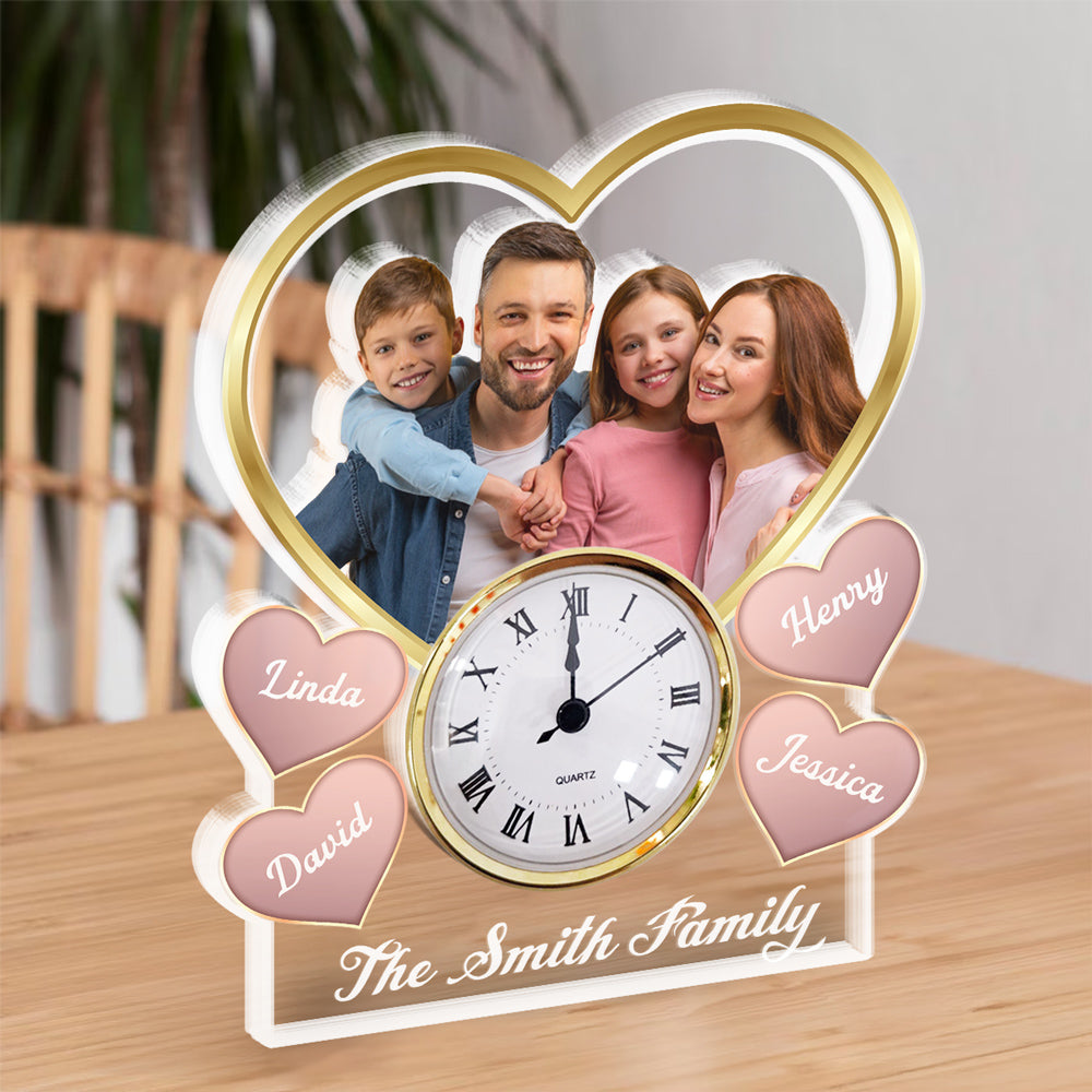 Custom Couple's Decor, Anniversary & Wedding Gift • Heart Family Photo - Personalized Acrylic Desk Clock Plaque
