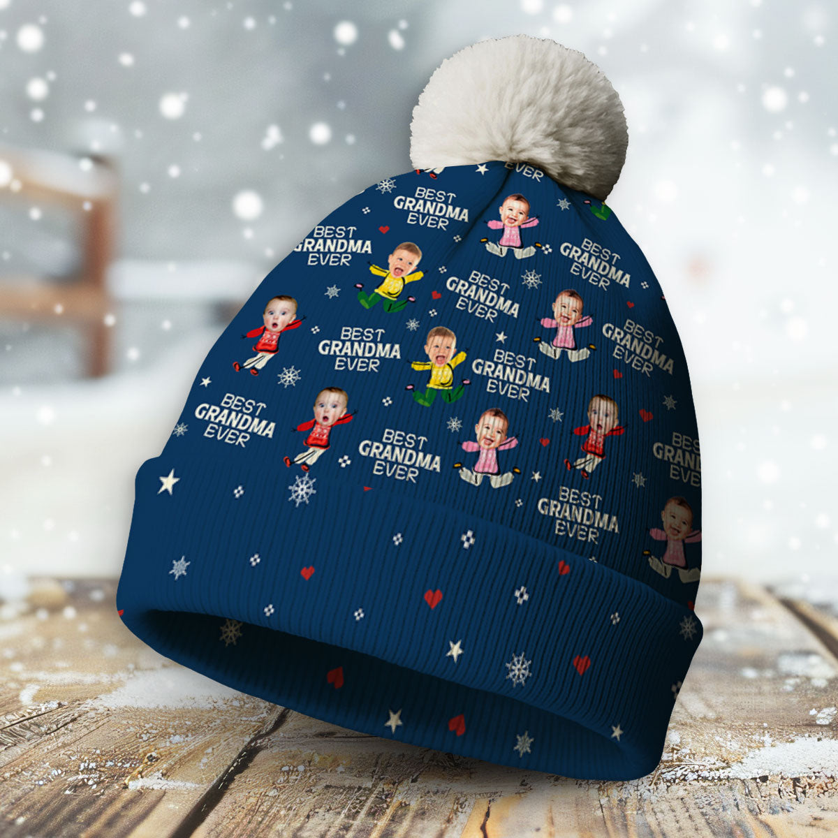 Custom Photo Grandma Christmas Winter Hat • Best Grandma - Personalized Bobble Beanie Hat